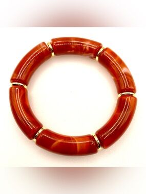 Vintage Marbleized Lucite Stretch Bracelet Red Orange Gold Tone Chunky Mod